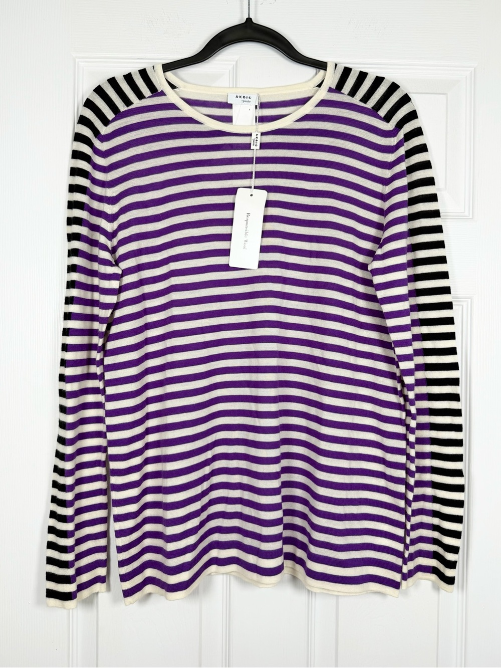NWT! Akris Punto Size 12 • Purple Stripe Lightweight Wool Sweater.